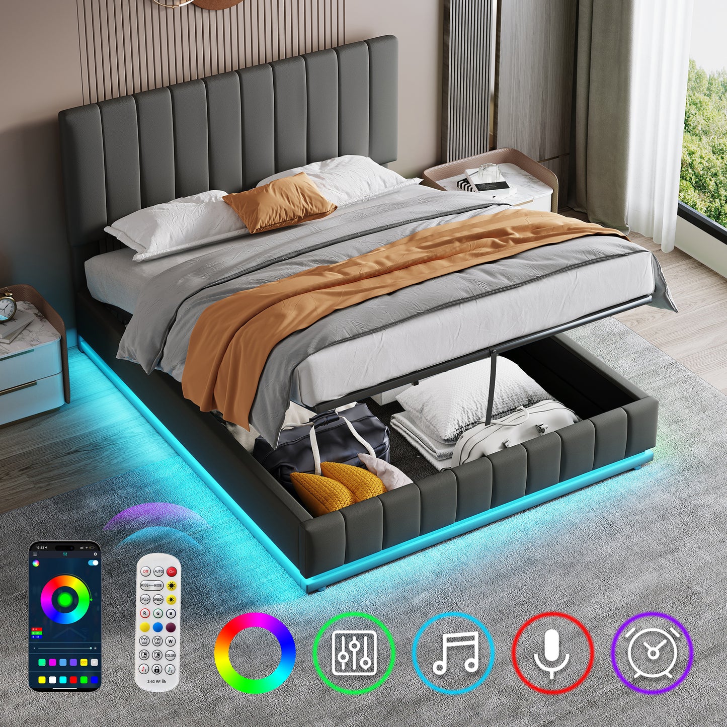 Ottoman Double Bed With LED Lighting, PU Leather Upholstered Bed With Hydraulic Storage, 4ft6 Double Bed Frame With Adjustable Channel Tufted Headboard, No Box Spring Needed, Grey No Mattress
