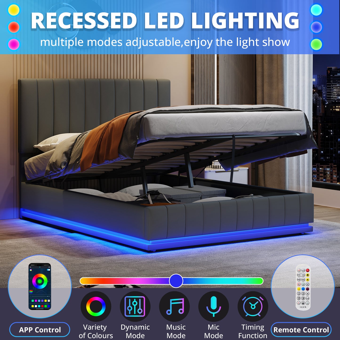 Ottoman Double Bed With LED Lighting, PU Leather Upholstered Bed With Hydraulic Storage, 4ft6 Double Bed Frame With Adjustable Channel Tufted Headboard, No Box Spring Needed, Grey No Mattress